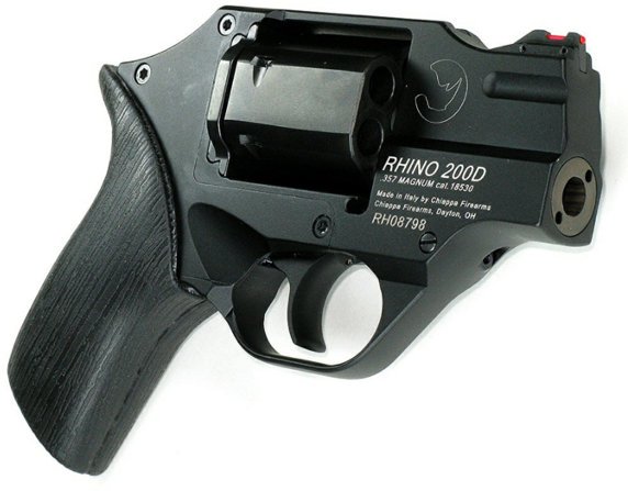 Un revolver Rhino della Chiappa Firearms, l'asse della canna è in corrispondenza della camera più bassa del tamburo